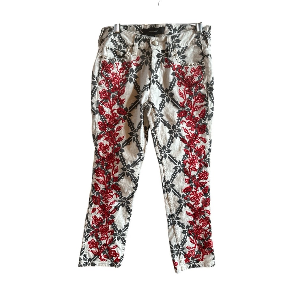 Isabel Marant‎ White Woman's Sz 2 Skinny Jeans Blk Design Red Floral Embroidery